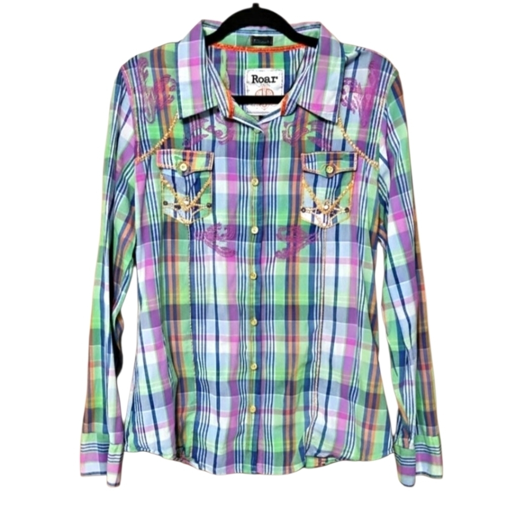 Roar Plaid Long Sleeve Colorful Western Style Button-Up Sz XL Womens
